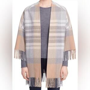 Helene London Neutral‎ Gray Tan Fringe Open Front Blanket Coat Wool Size Small